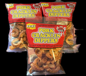 BRIM Pork Cracklin Dippers in bag showing crunchy texture for on-the-go snacking