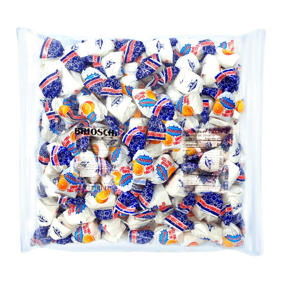 Brioschi orange digestive candy with fizz center offering refreshing citrus flavor