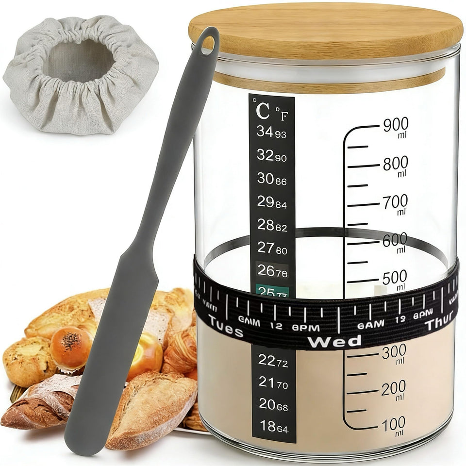 BRIRILINE Pro Sourdough Starter Jar 34oz with precise volume markers for easy feeding.
