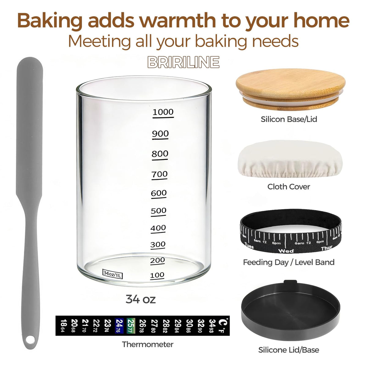 BRIRILINE Sourdough Jar funnel opening enables smooth transfer of starter.