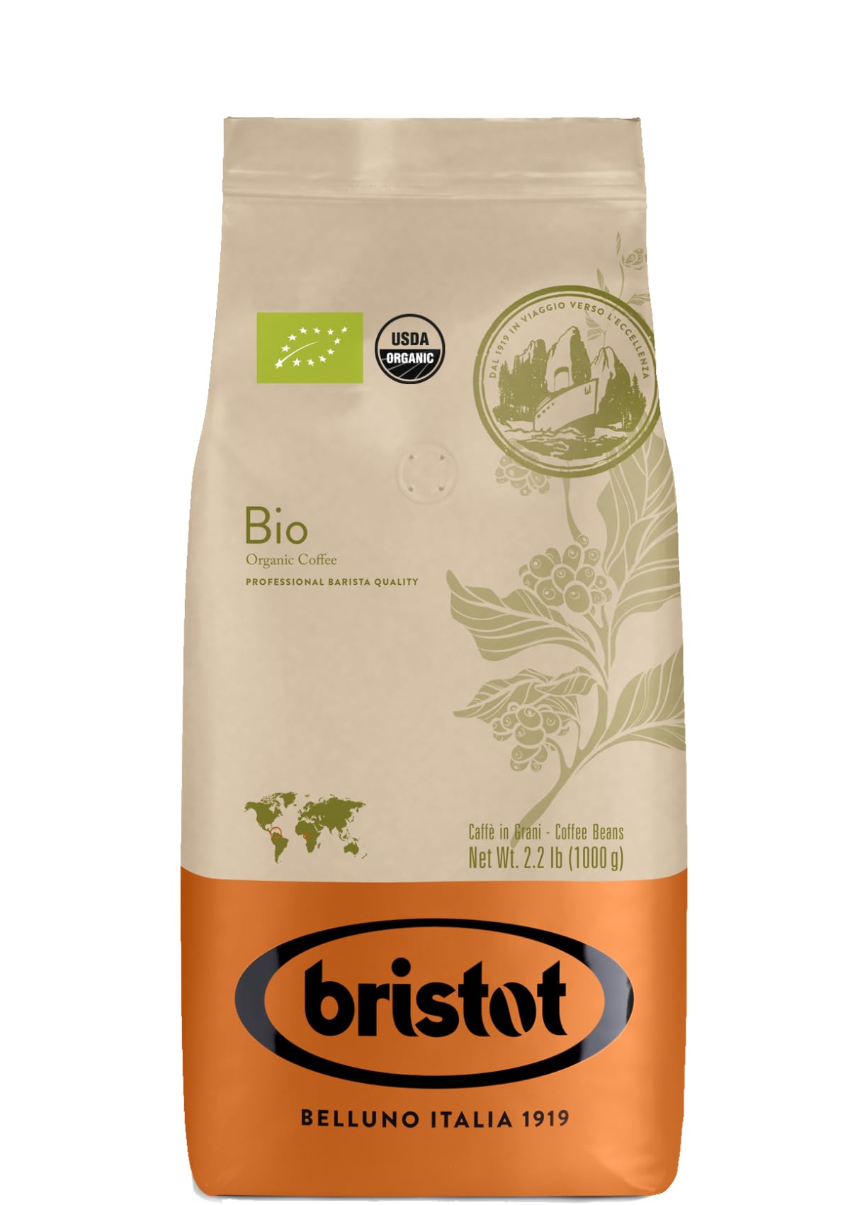 Bristot Bio Organic Italian espresso beans packaging highlights authenticity for home brewing