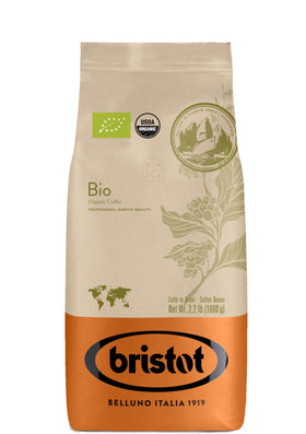 Bristot Bio Organic Italian espresso beans packaging highlights authenticity for home brewing