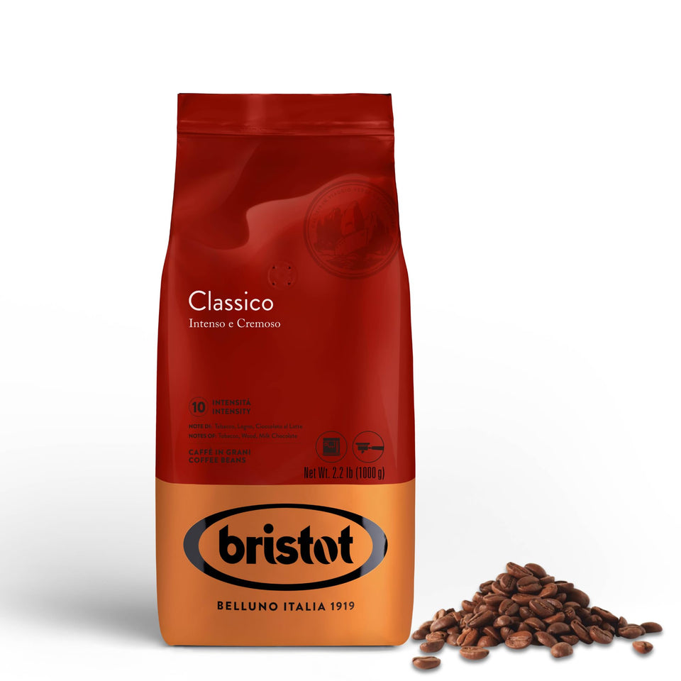 Bristot Classico espresso beans bag preserves freshness for home brewing.