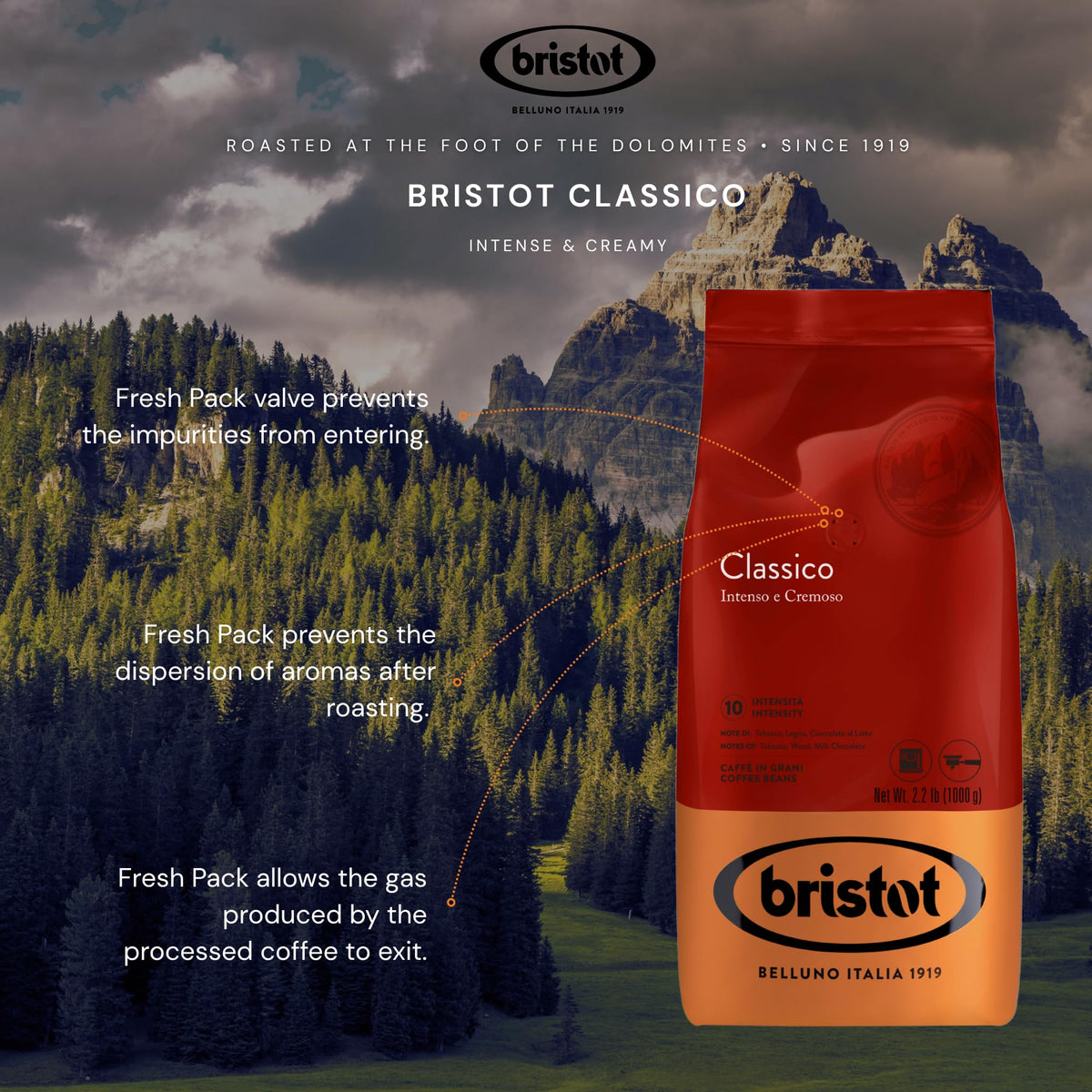 Bristot Classico espresso milk chocolate notes for a smooth, balanced cup.
