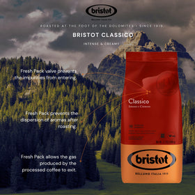 Bristot Classico espresso milk chocolate notes for a smooth, balanced cup.