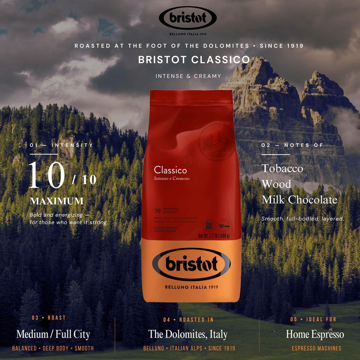 Bristot Classico espresso roast Dolomites image shows authentic Italian craftsmanship for bold flavor.