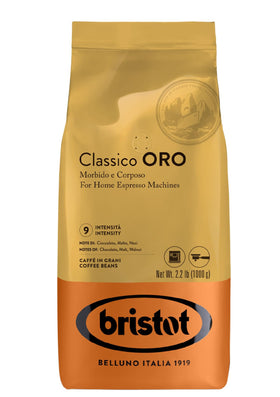 Bristot Classico Oro beans in a two-point-two pound pack, ready for home brewing.