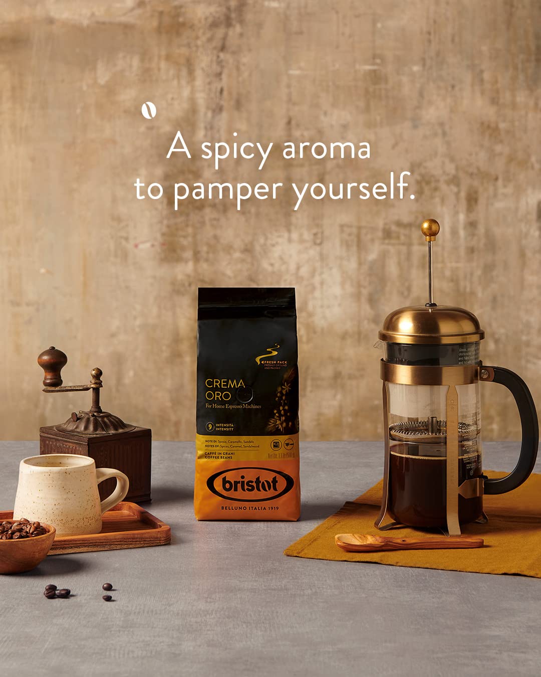 Bristot Crema Oro aroma notes of spices and caramel entice the senses.