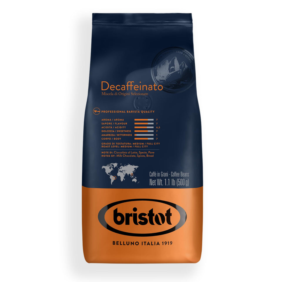 Bristot Decaf Italian coffee beans pack for rich, smooth decaf espresso at home.