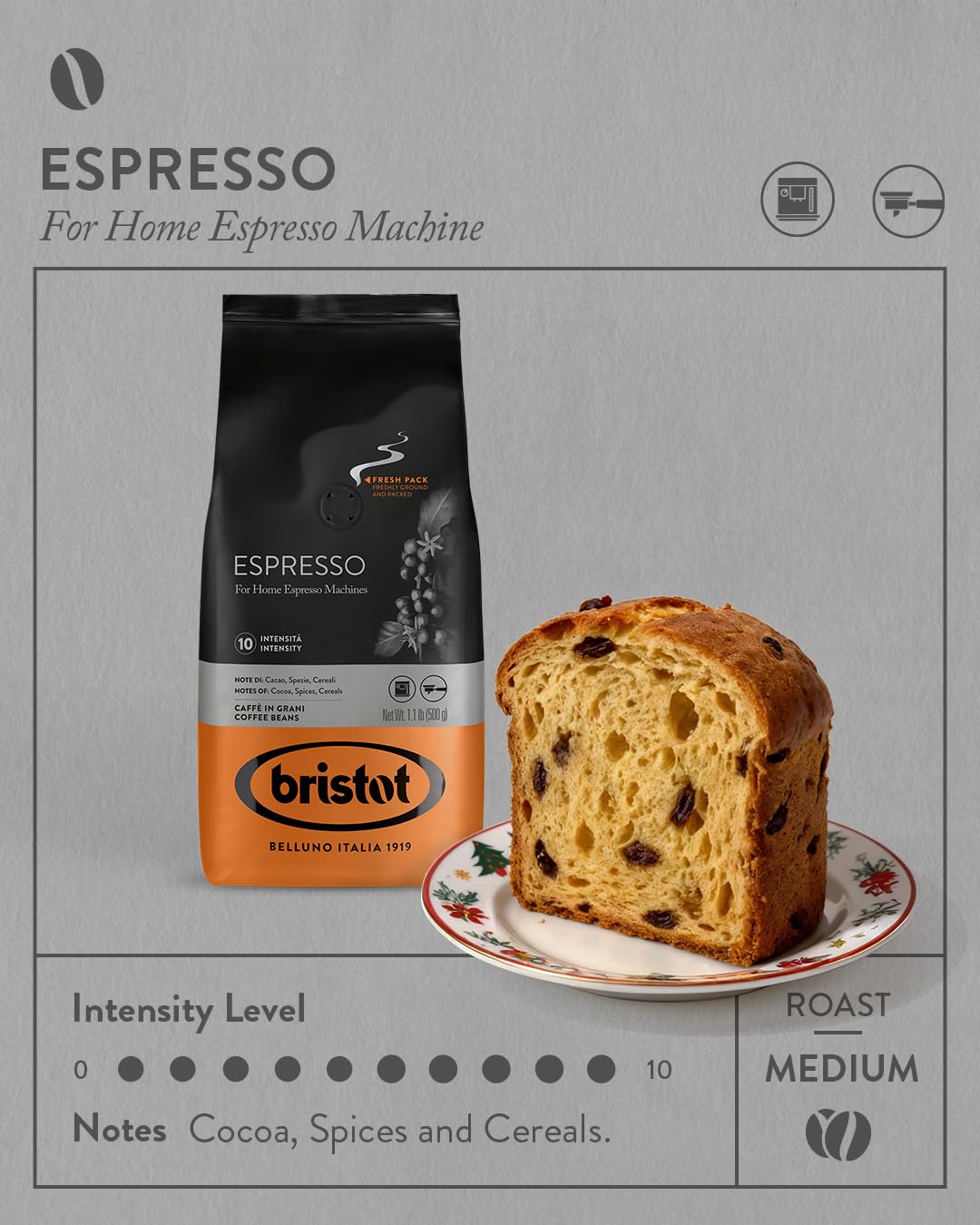 Bristot Dolomites roast notes close-up highlighting cocoa and spice aroma.