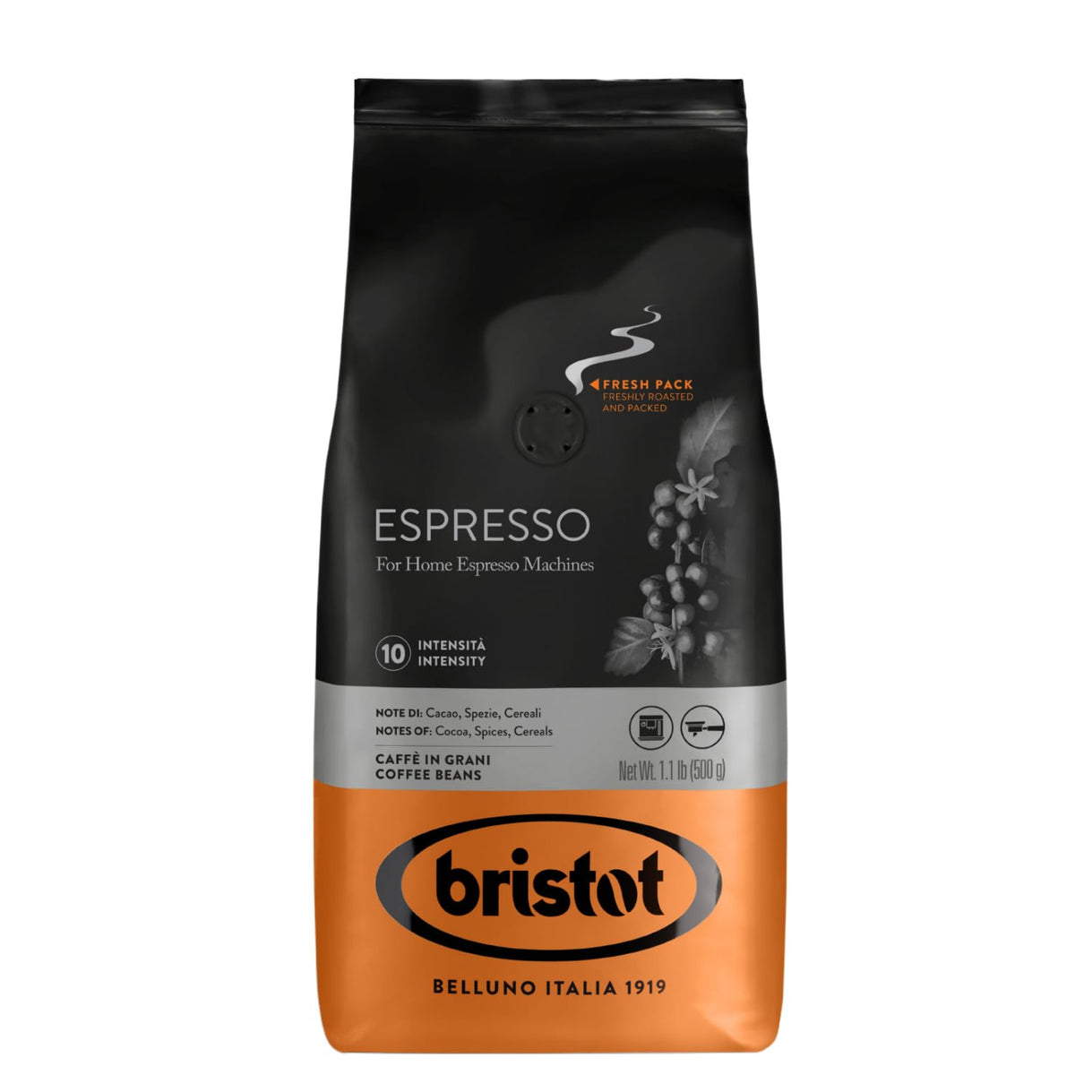 Bristot Italian Espresso beans in bag for smooth, balanced home espresso.