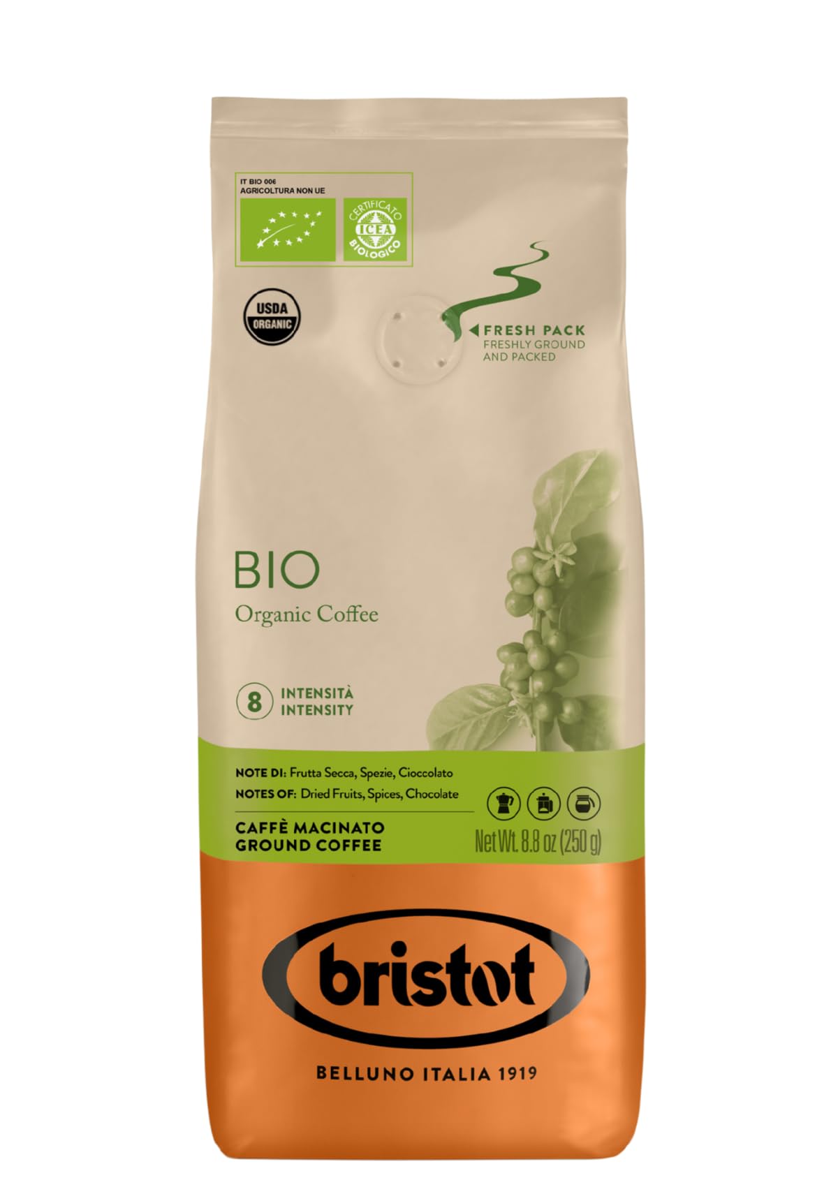 Bristot Organic Ground Espresso bag emphasizes premium aroma for home brewing.