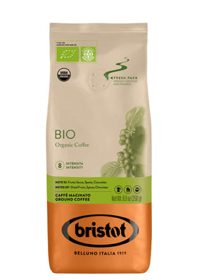 Bristot Organic Ground Espresso bag emphasizes premium aroma for home brewing.