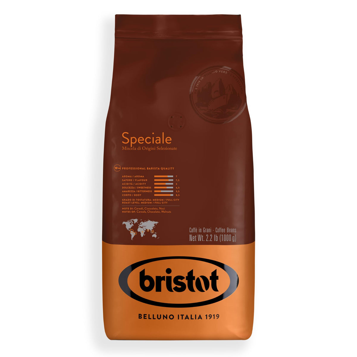 Bristot Speciale Italian Espresso Beans in a bag, ready for authentic home espresso experiences