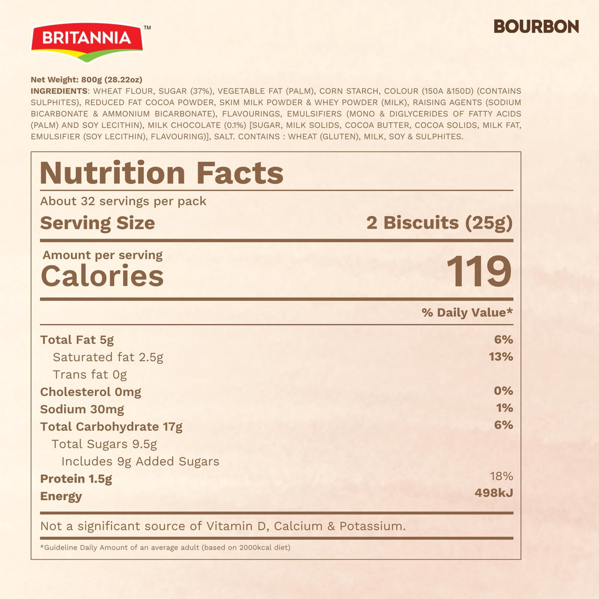 Britannia Bourbon chocolate crème sandwich close-up, creamy filling for tea breaks.