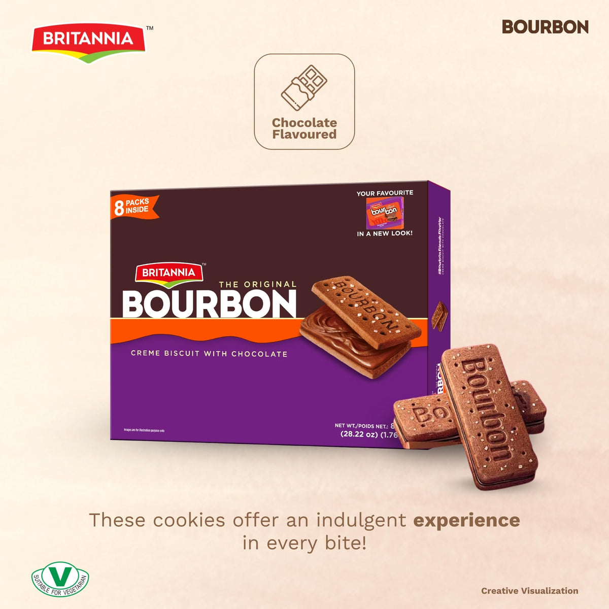Britannia Bourbon biscuits with signature sugar crystals add crunch.