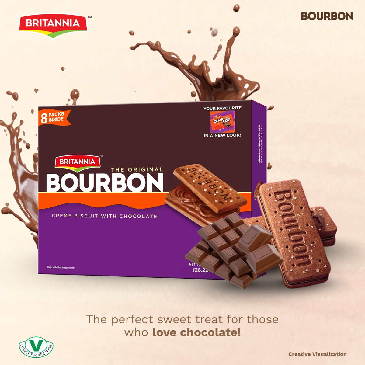 Britannia Bourbon biscuits beside a cup, a perfect pairing for tea or coffee.