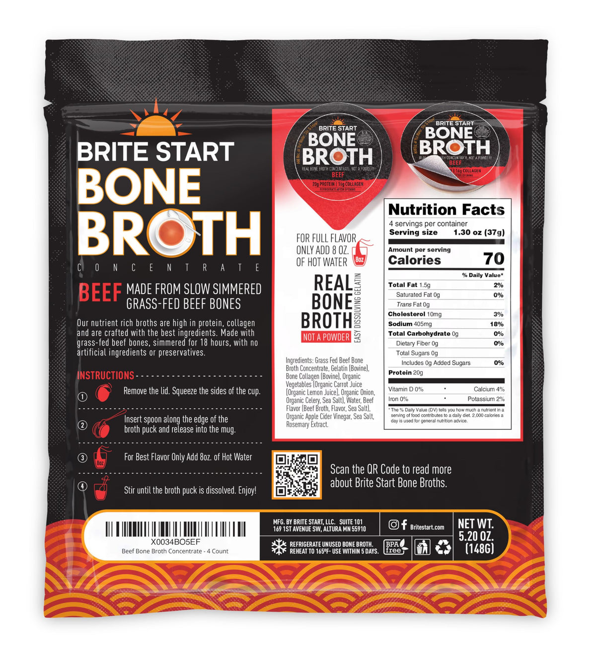 Brite Start beef bone broth gel packet side view highlighting portable single serve.