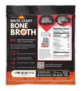 Brite Start beef bone broth gel packet side view highlighting portable single serve.