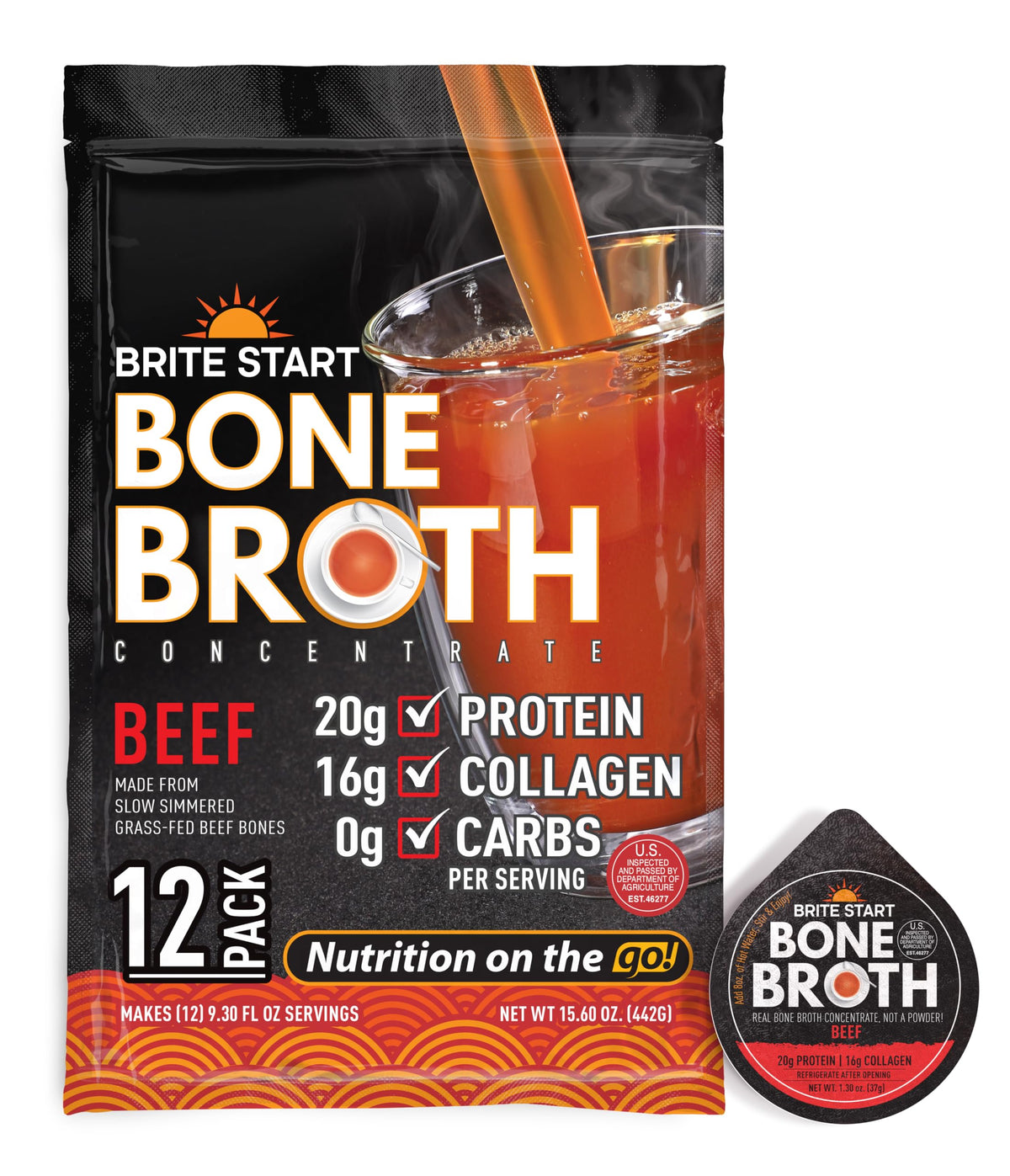 Brite Start beef bone broth gel packet for a savory protein boost.