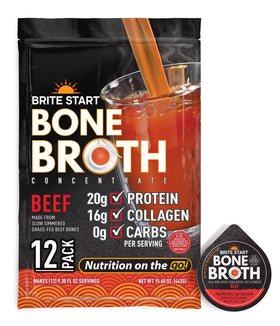 Brite Start beef bone broth gel packet for a savory protein boost.