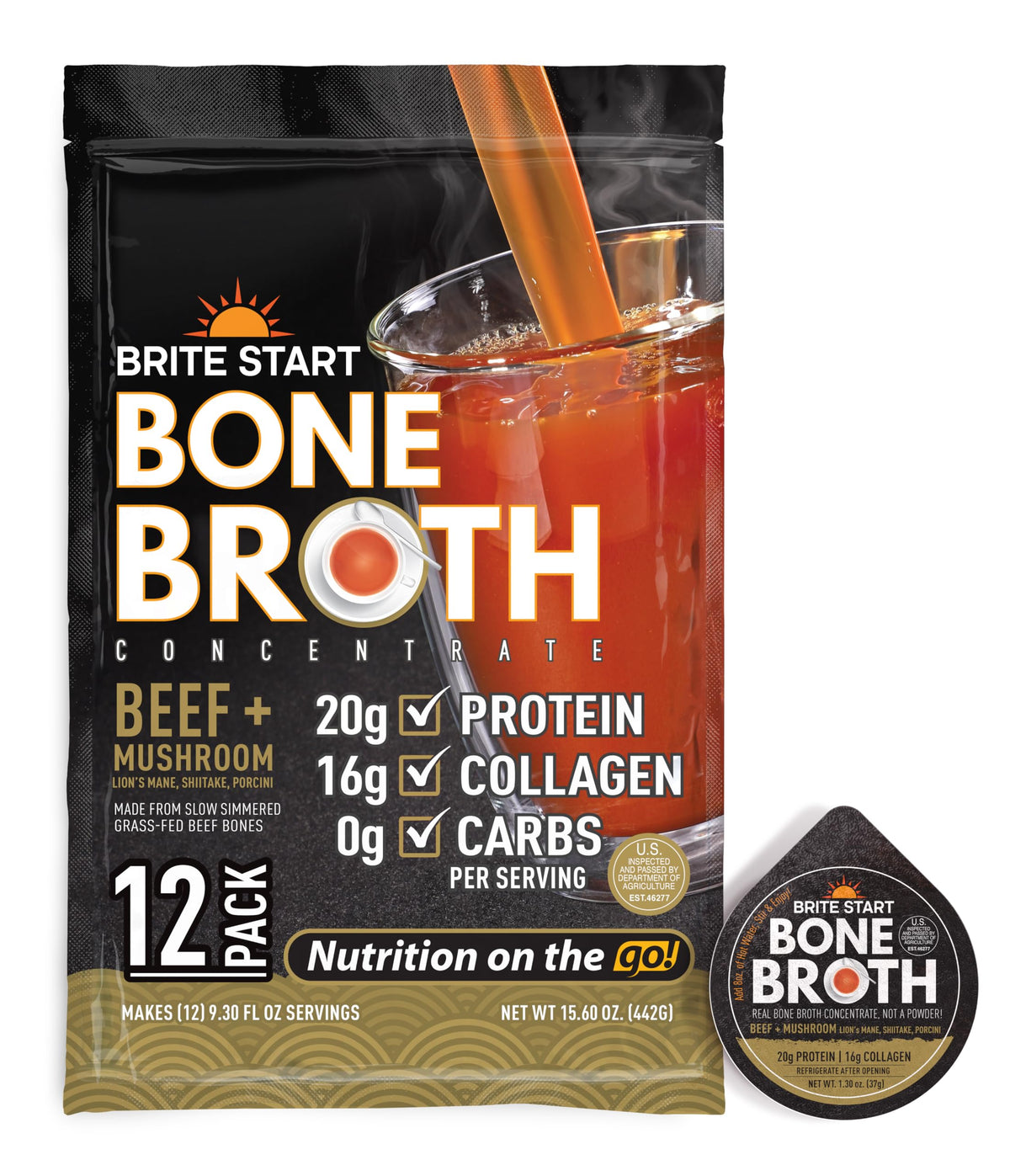 Brite Start packaging with beef mushroom bone broth gel packet shows convenient, protein-rich nourishment on the go.