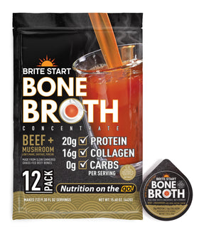 Brite Start packaging with beef mushroom bone broth gel packet shows convenient, protein-rich nourishment on the go.