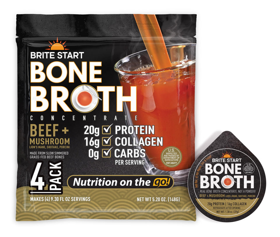 Brite Start beef mushroom bone broth packet ready for sipping or cooking.
