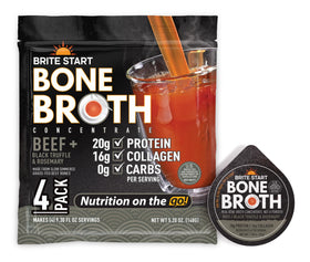 Brite Start beef bone broth gel packet with black truffle and rosemary, savor rich, savory flavor.