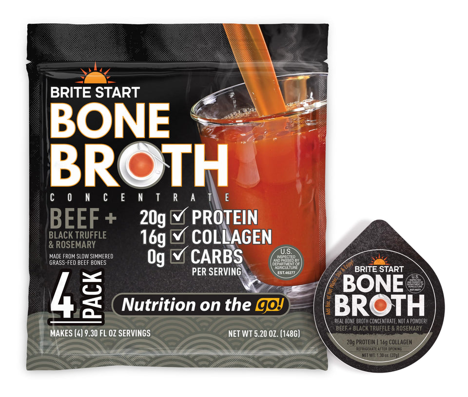 Brite Start beef bone broth gel packet with black truffle and rosemary, savor rich, savory flavor.