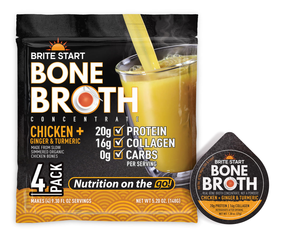 Brite Start bone broth gel packet poured into a mug for a warm protein boost.