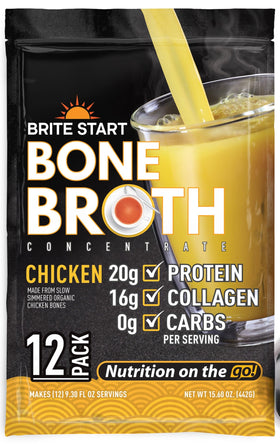 Brite Start bone broth gel packet close-up, ready to whisk into hot, comforting broth