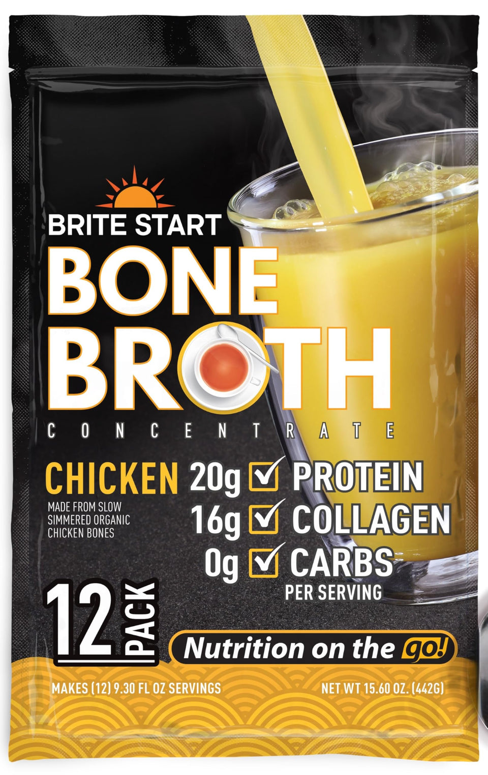 Brite Start bone broth gel packet close-up, ready to whisk into hot, comforting broth