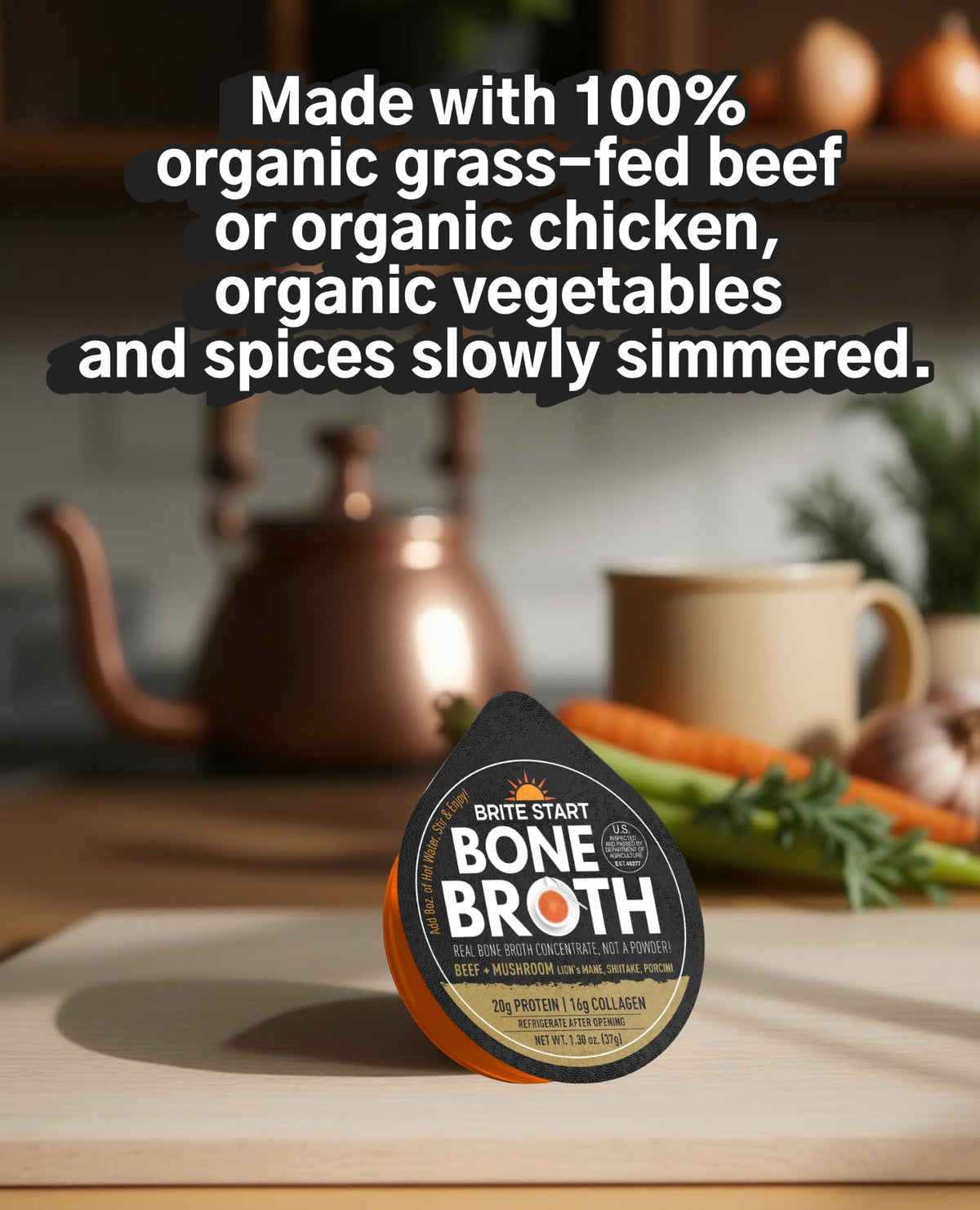 Brite Start ingredients list visual highlighting grass-fed beef bones and mushrooms.