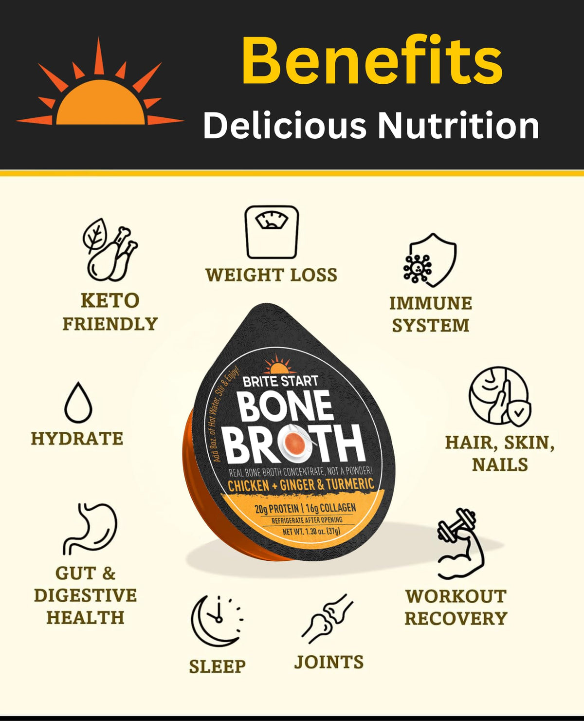 Brite Start organic chicken bone broth base, ideal savory foundation for soups.