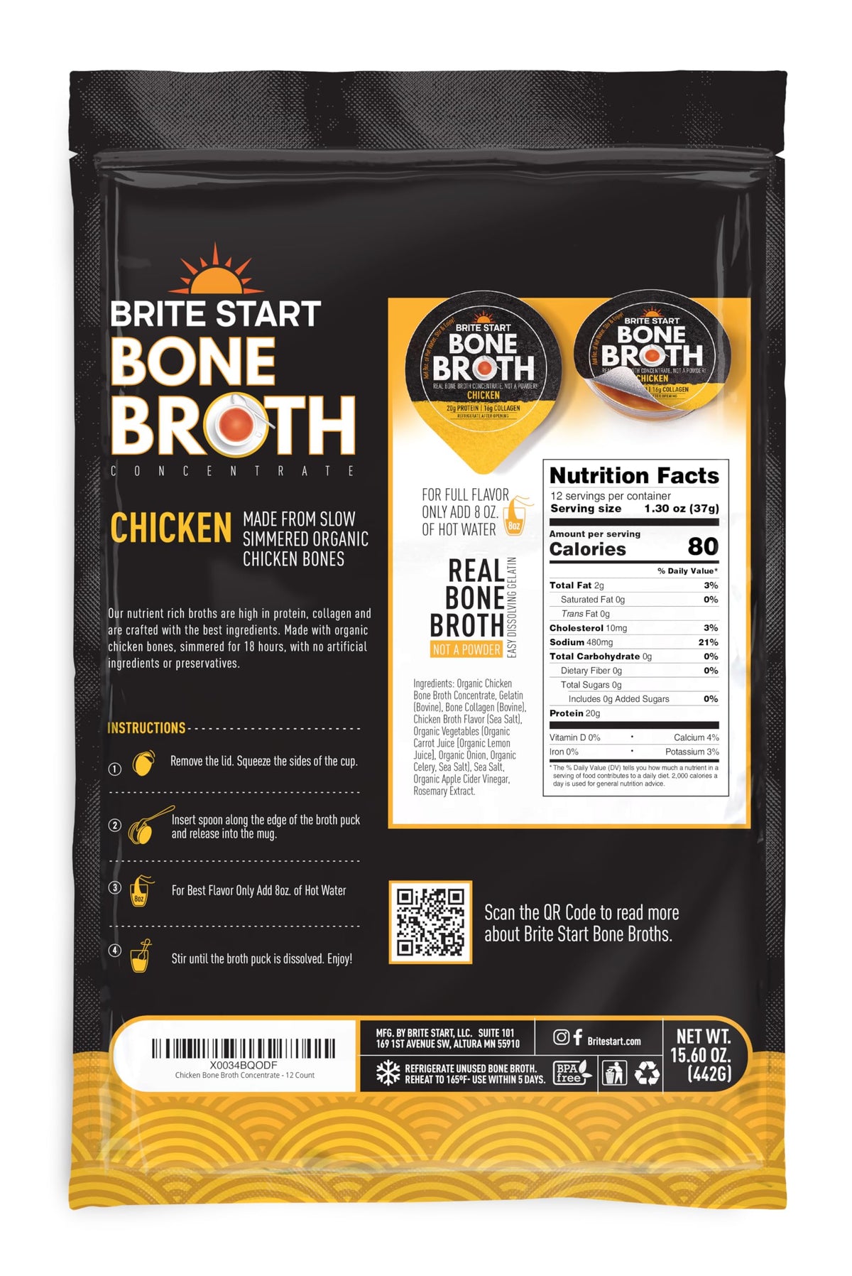 Brite Start organic chicken bone broth gel-packet close-up for quick, savory nourishment