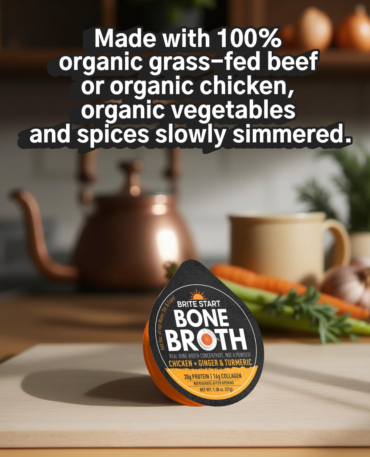 Brite Start gel puck with hot water, quick nourishing broth in under a minute