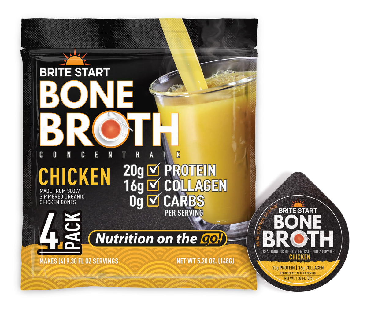Brite Start chicken bone broth gel packet ready to pour for quick protein