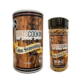 Britscookin Cajun seasoning front label boosts seafood and poultry with bold Louisiana flavor.