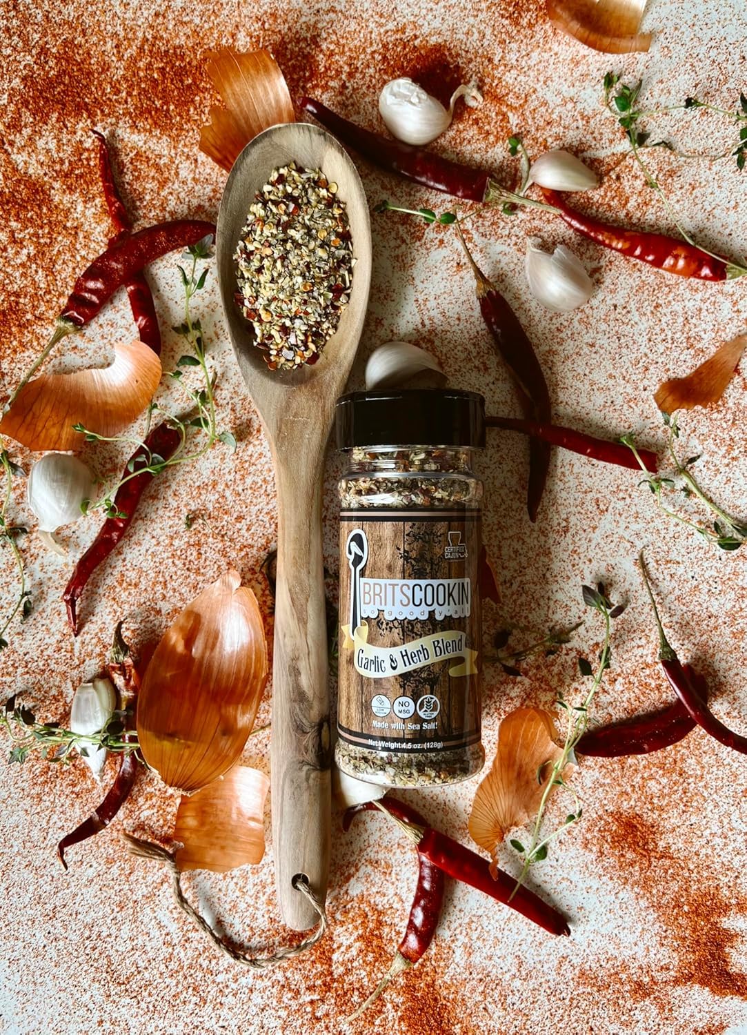 Britscookin Garlic and Herb seasoning bottle angled for weeknight proteins.