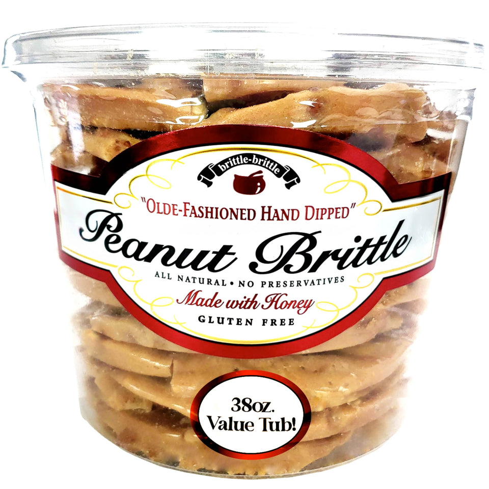Brittle-Brittle peanut brittle candy in a jar with thin, crackly slices—great for sharing