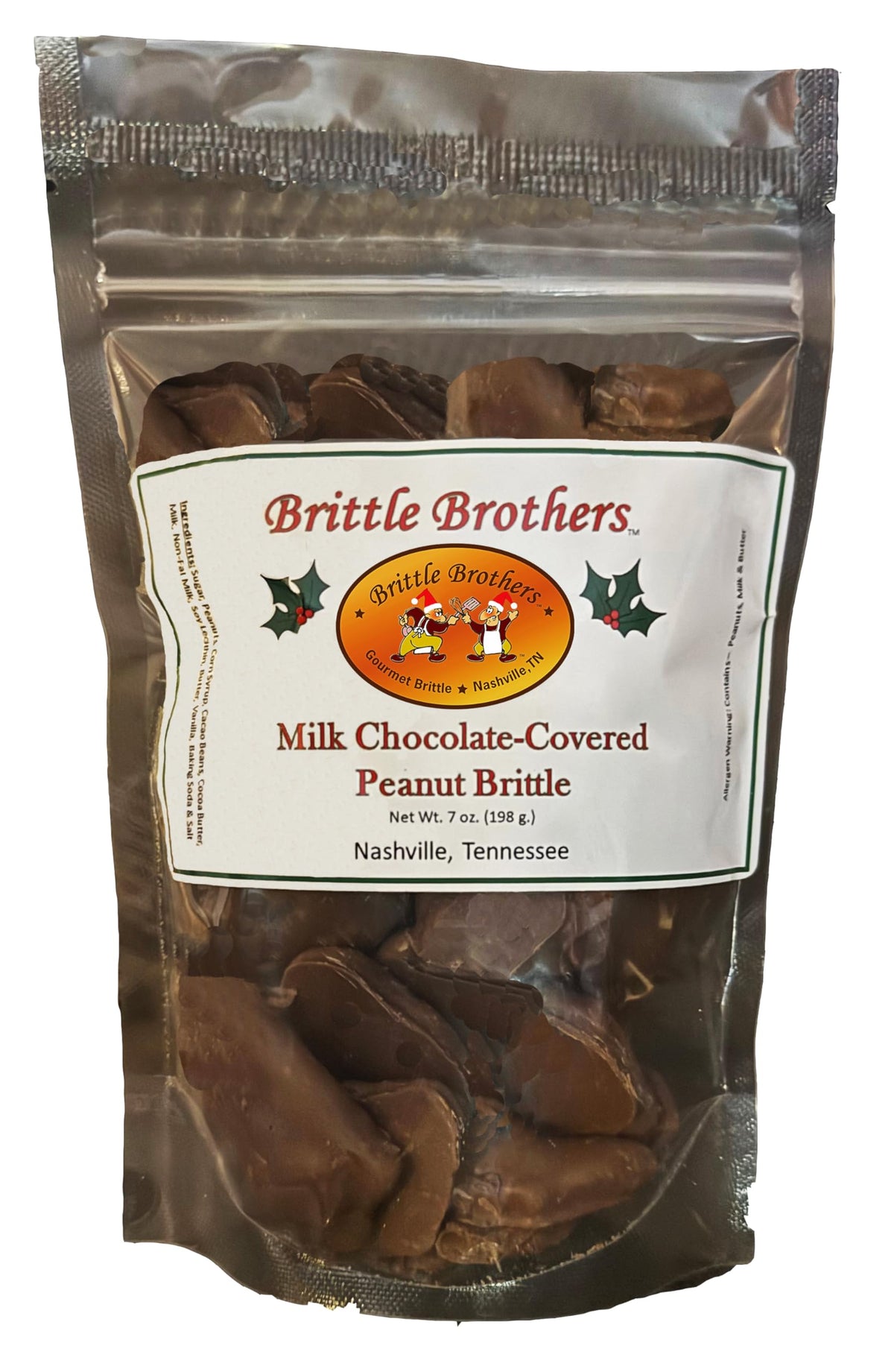 Brittle Brothers chocolate covered peanut brittle 7 oz bag, rich flavor for snacking.