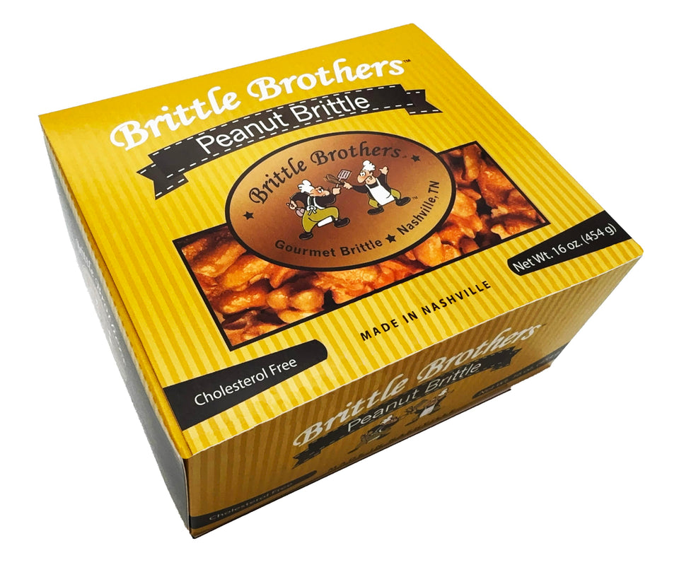 Brittle Brothers gift box showcases rich nuts and golden brittle.