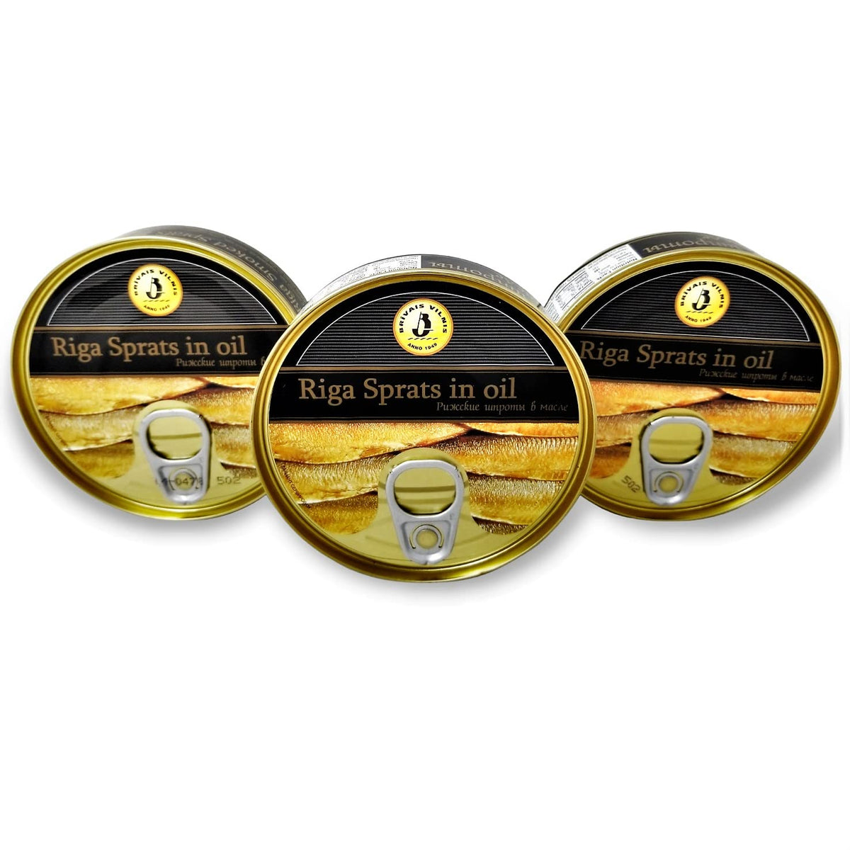 BRIVAIS VILNIS Riga smoked sprats in oil, shiny in a 5-6 oz tin.