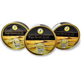 BRIVAIS VILNIS Riga smoked sprats in oil, shiny in a 5-6 oz tin.