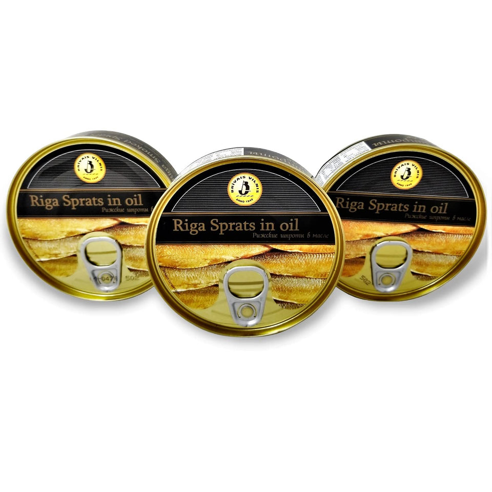 BRIVAIS VILNIS Riga smoked sprats in oil, shiny in a 5-6 oz tin.