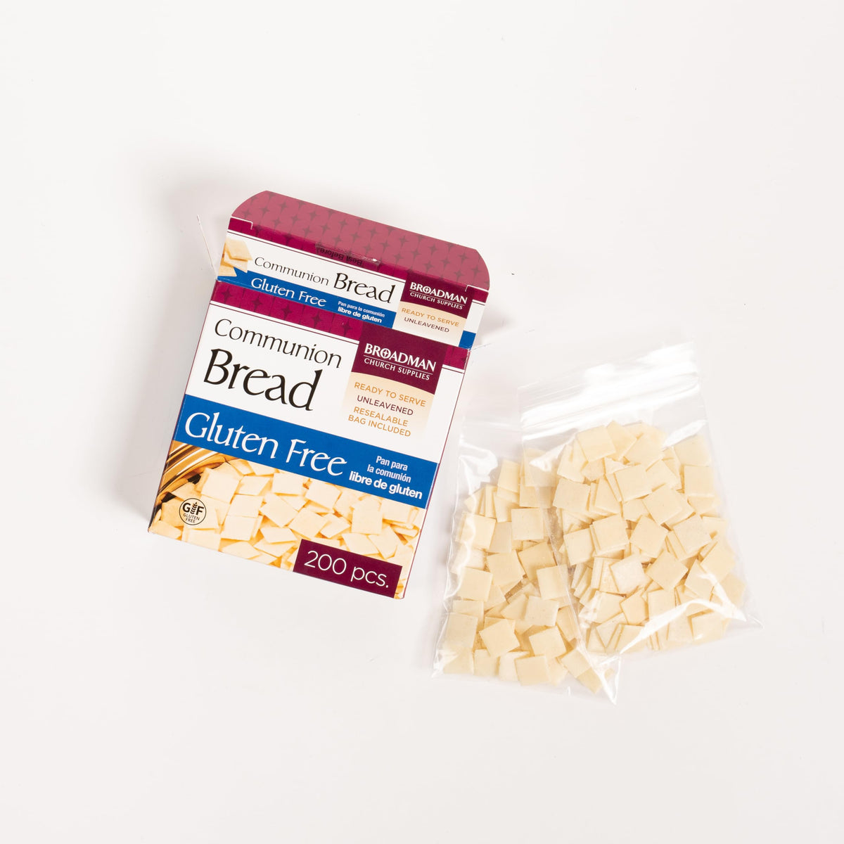 Altar-ready Broadman gluten-free communion bread on a tray with chalice.