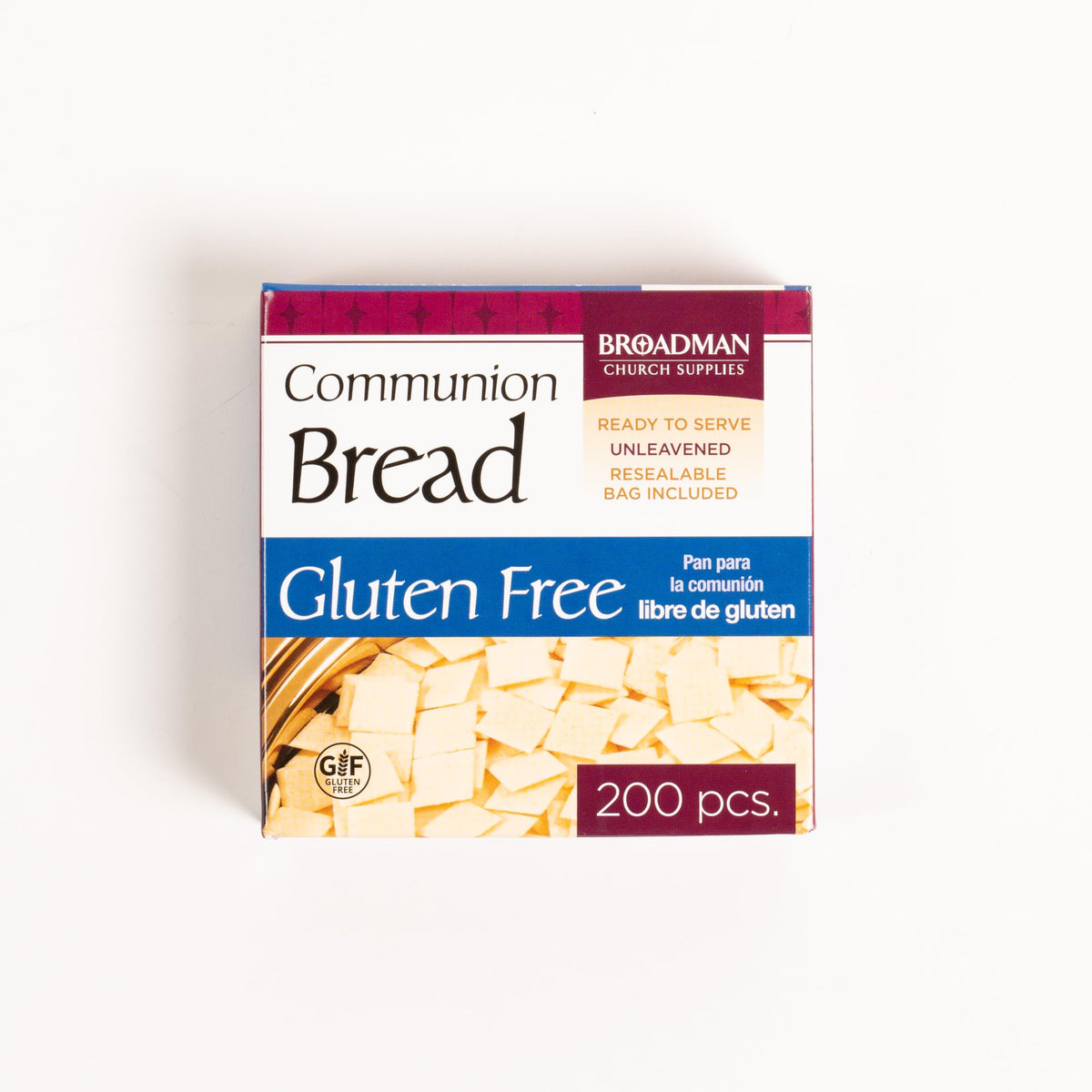 Packaging shot of Broadman gluten-free communion bread for bulk church orders.