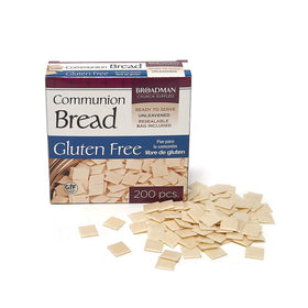 Shelf display featuring Broadman church supplies gluten-free communion bread.