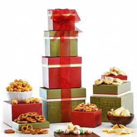Broadway Basketeers 4-Box Gourmet Food Tower front view, ideal for gifting celebrations.